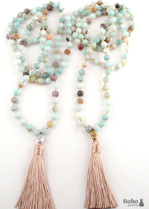 Boho Necklace, RH Amazonite, Tassel Blue Green Natural Stone